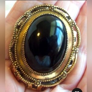 VTG Original By Robert Mourning Brooch Black Glass Goldtone 1.5"